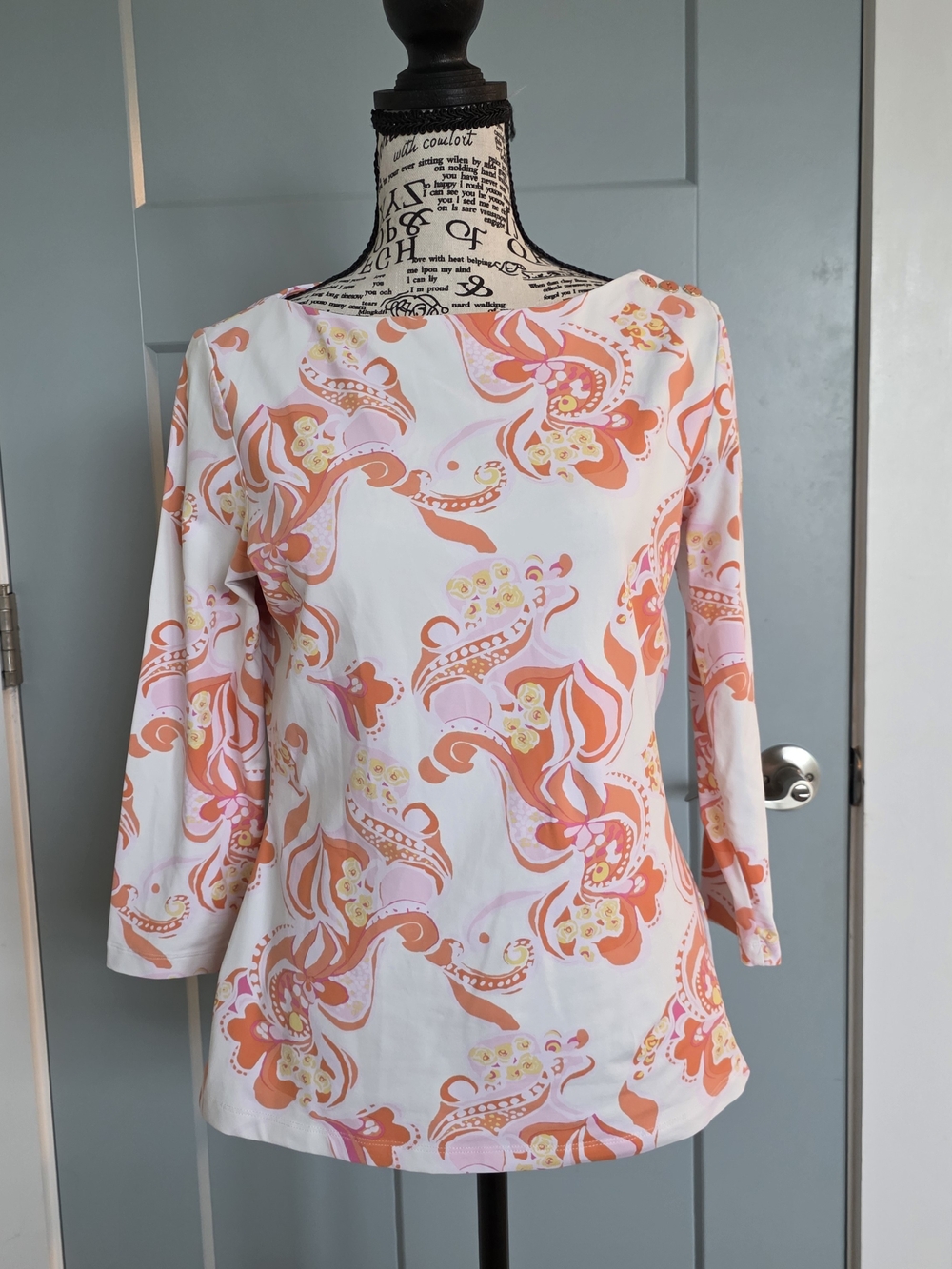 J.McLaughlin Catalina Cloth Top S Pink Orange Paisley Button Boatneck 3/4 Sleeve
